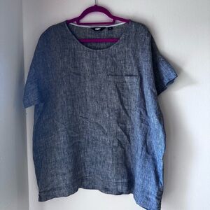 Lands' End Linen Chambray Blue‎ Short Sleeve Top pocket 100% linen